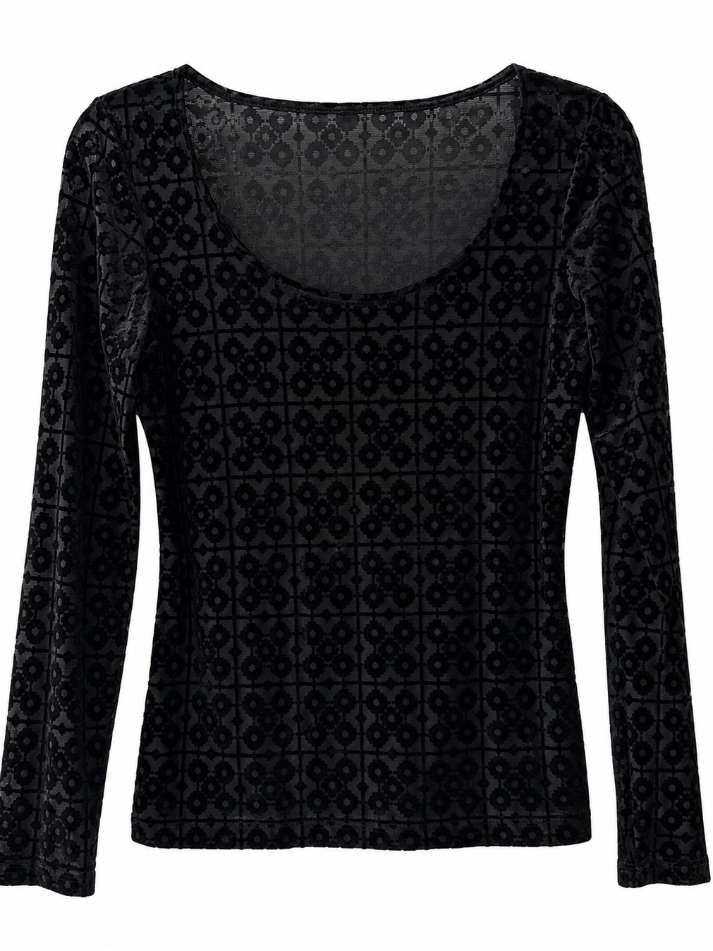Vintage Sheer Mesh Velvet Devor Geometric Long Sleeve Top Black M